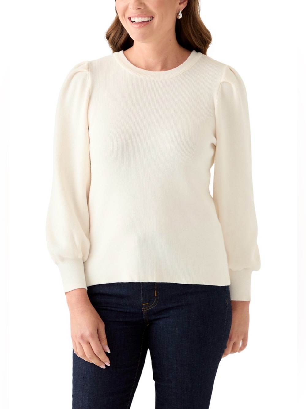 AK ANNE KLEIN Petite Crew Neck Puff Sleeve Sweater.